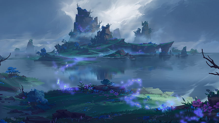 Inazuma Region Landscape in Genshin Impact with Misty Waters and Glowing Flora HD wallpaper
