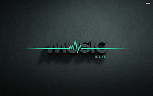 Music Is Life Minimalist Typography with Neon ECG Pulse on Dark Concrete Wall HD wallpaper