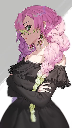 Mitsuri Kanroji from Demon Slayer in a Black Lace Dress with Long Braided Hair HD phone wallpaper