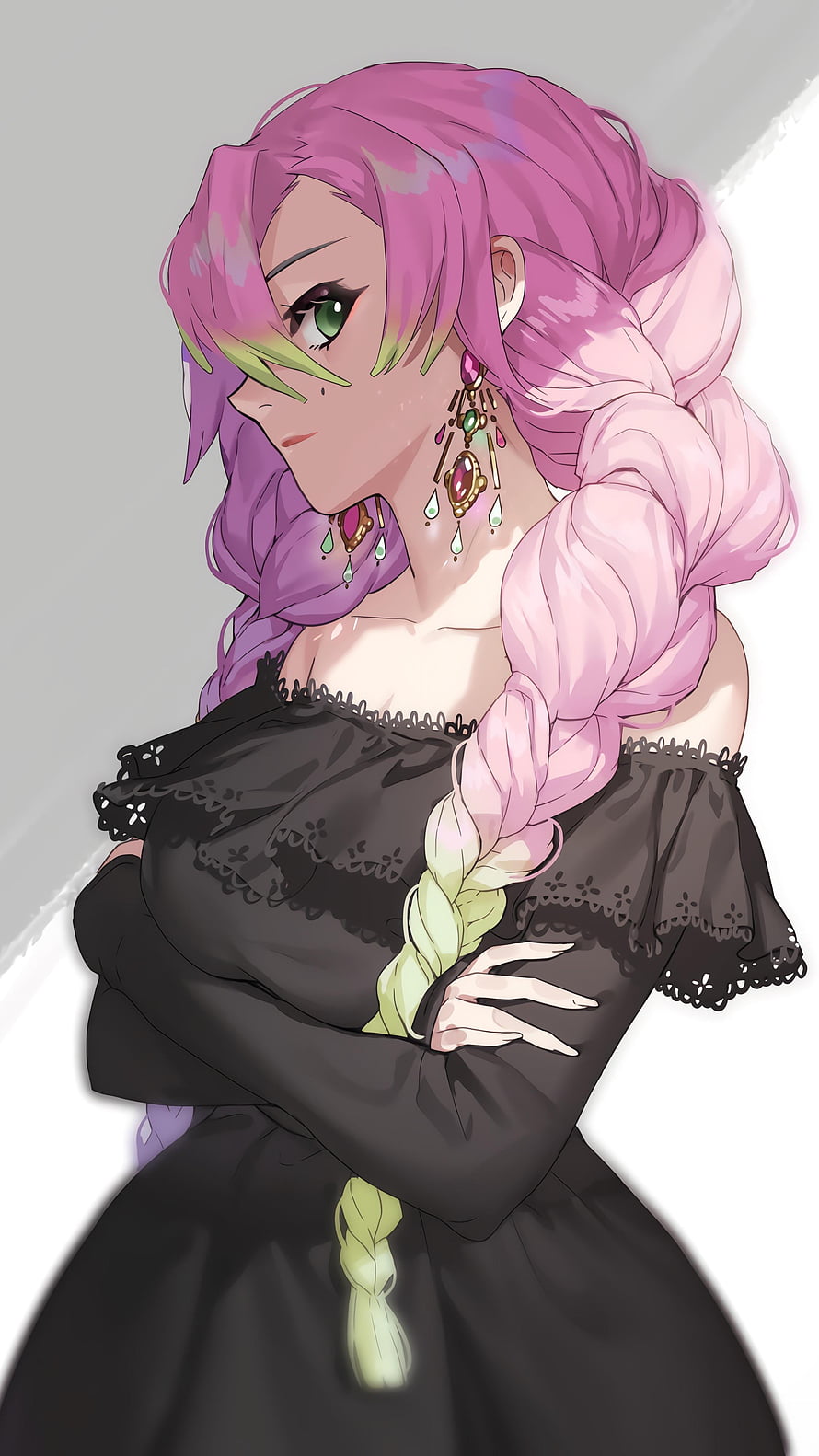 Mitsuri Kanroji from Demon Slayer in a Black Lace Dress with Long Braided Hair HD phone wallpaper