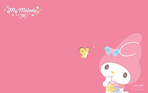 My Melody Sanrio Character with Butterfly and Flowers on Pink Background HD wallpaper