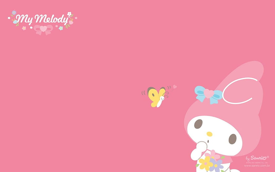 My Melody Sanrio Character with Butterfly and Flowers on Pink Background HD wallpaper