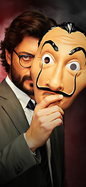 The Professor from Money Heist Holding Iconic Dalí Mask in Digital Art HD phone wallpaper