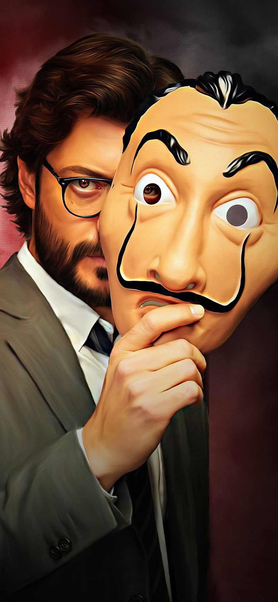 The Professor from Money Heist Holding Iconic Dalí Mask in Digital Art HD phone wallpaper