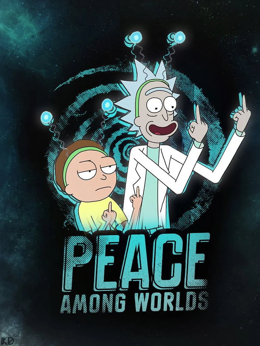 Rick and Morty Peace Among Worlds Poster with Cosmic Background and Glowing Antennas HD phone wallpaper