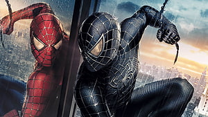 Spider-Man in Classic Red and Black Symbiote Suits Crouching on a Rainy City Skyscraper HD wallpaper