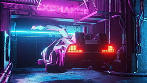 Back to the Future DeLorean Time Machine in Neon Cyberpunk Alley HD wallpaper