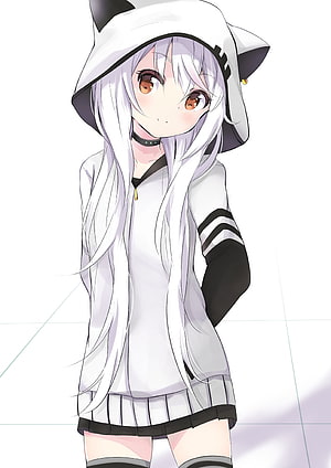 Cute Anime Girl in White Cat-Ear Hoodie with Long Silver Hair and Brown Eyes HD phone wallpaper