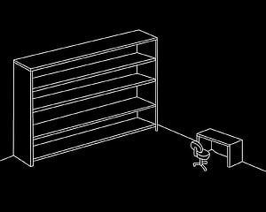 Minimalist Isometric Line Art of an Empty Bookshelf and Desk Setup on Black Background HD wallpaper