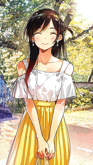 Mizuhara Chizuru in a White Blouse and Yellow Skirt Under Blossoming Trees HD phone wallpaper