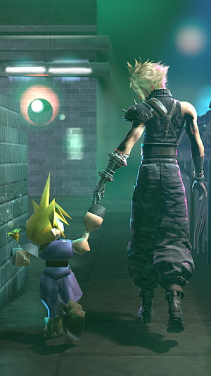 Cloud and Chocobo in a Neon-Lit Corridor from Final Fantasy VII Remake HD phone wallpaper