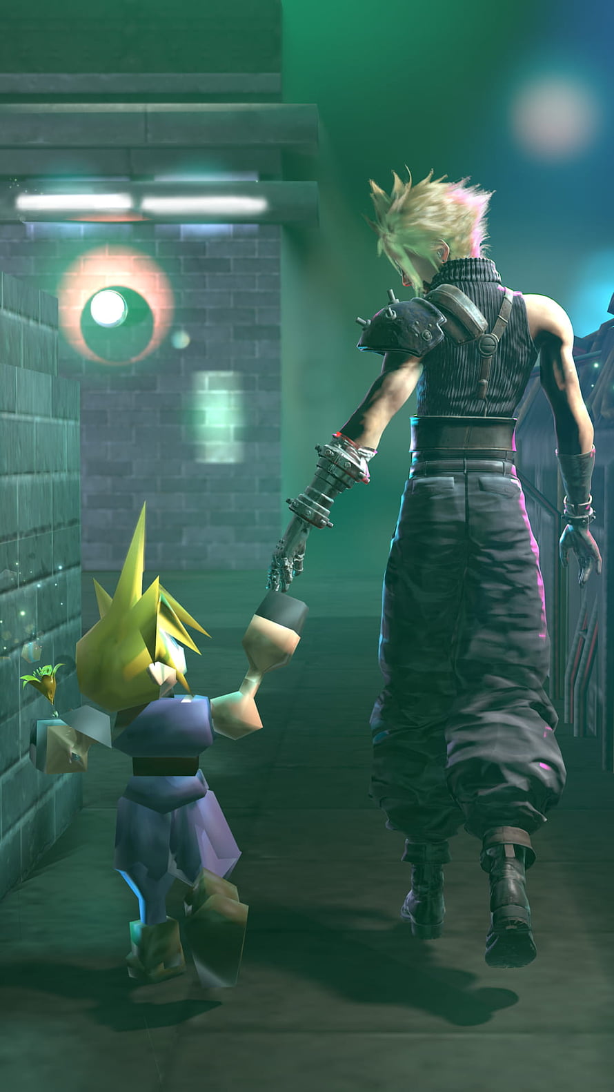 Cloud and Chocobo in a Neon-Lit Corridor from Final Fantasy VII Remake HD phone wallpaper