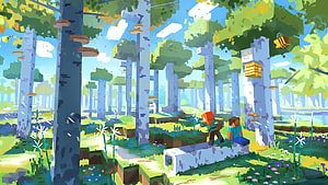 Minecraft The Wild Update Birch Forest Scene with Two Characters and Beehive HD wallpaper