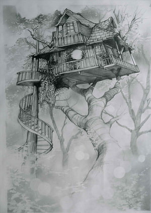 Detailed Pencil Sketch of a Cozy Treehouse with Spiral Staircase in a Misty Forest HD phone wallpaper