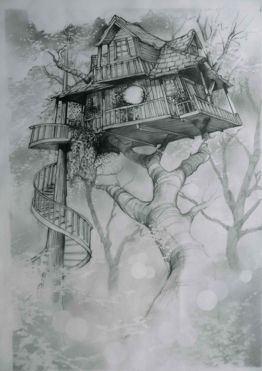 Detailed Pencil Sketch of a Cozy Treehouse with Spiral Staircase in a Misty Forest HD phone wallpaper