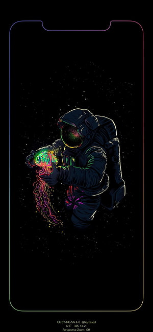 Astronaut Holding Glowing Jellyfish in Deep Space with Neon Edge Lighting HD phone wallpaper