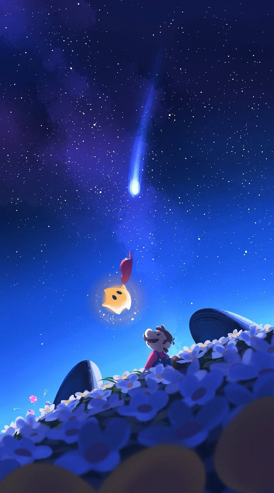 Super Mario Galaxy: Mario and Luma Gazing at a Shooting Star in a Starry Night Sky HD phone wallpaper