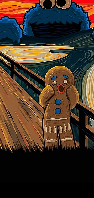 Cookie Monster and Cookie Monster on a Bridge in a Dramatic Landscape Illustration HD phone wallpaper