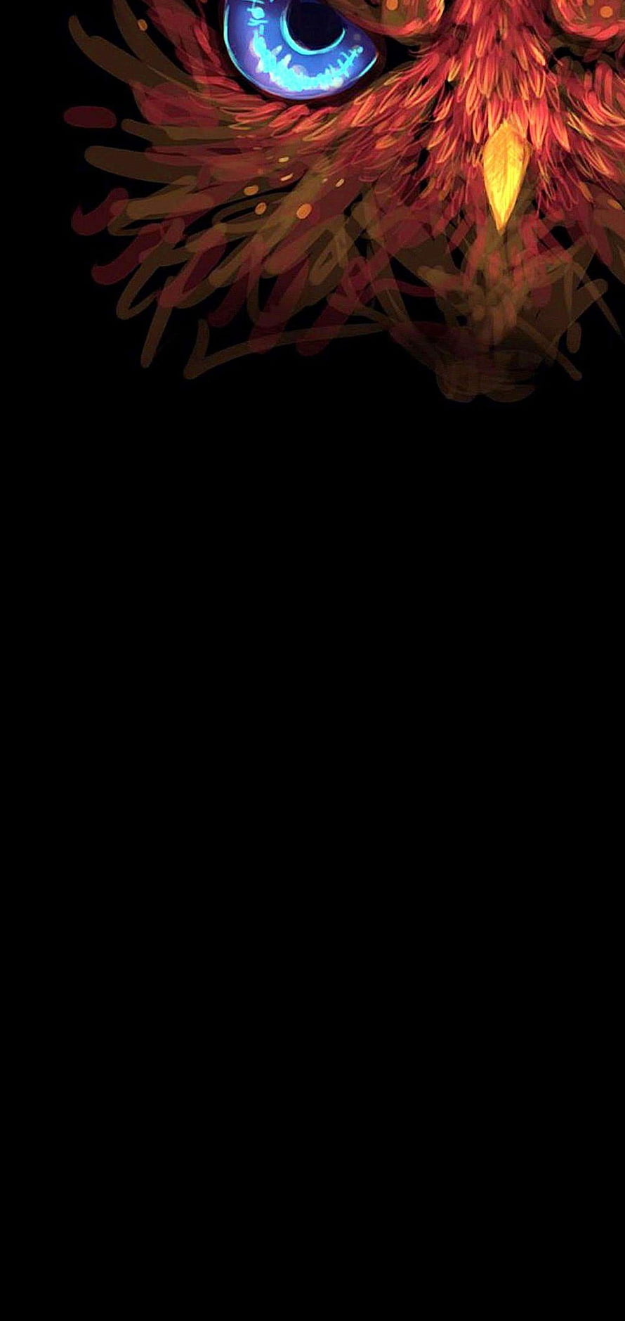 Glowing Blue Eye in Fiery Red Feathers on Black Background HD phone wallpaper