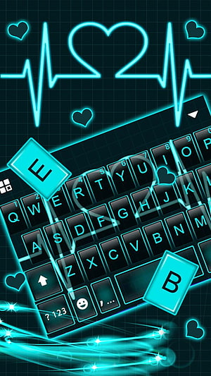 Neon Heartbeat Keyboard Theme with Cyan Glow and Floating Hearts HD phone wallpaper