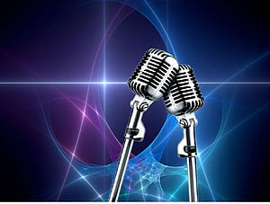 Vintage Retro Microphones on Neon Blue and Purple Abstract Background HD wallpaper