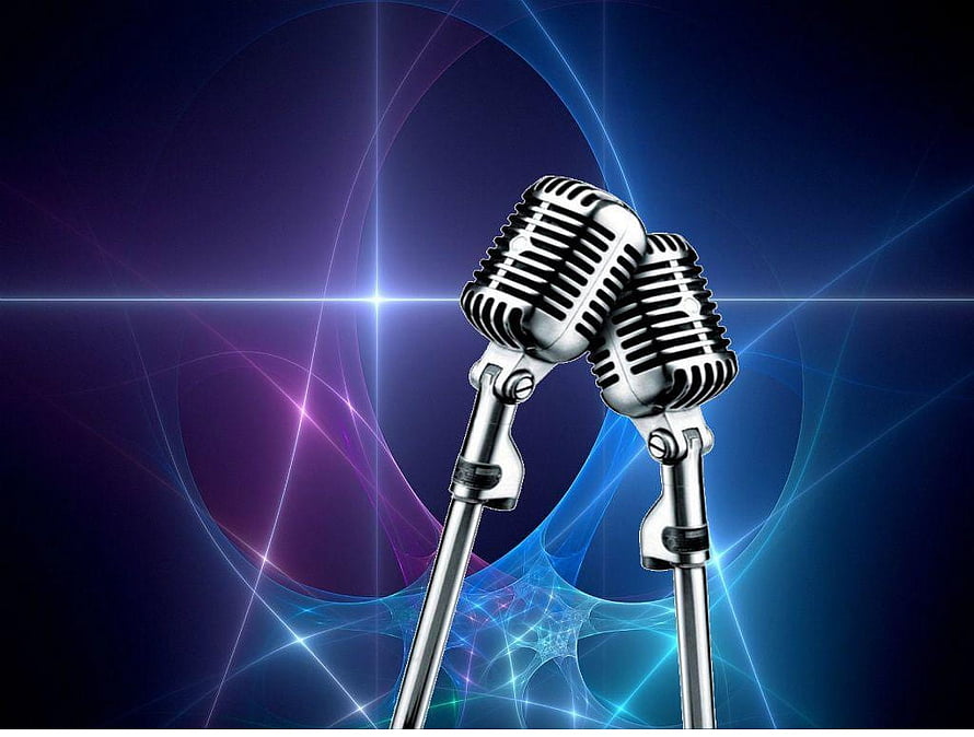 Vintage Retro Microphones on Neon Blue and Purple Abstract Background HD wallpaper