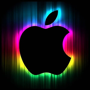 Apple Logo Silhouette with Vibrant Neon Rainbow Glow on Dark Background HD phone wallpaper