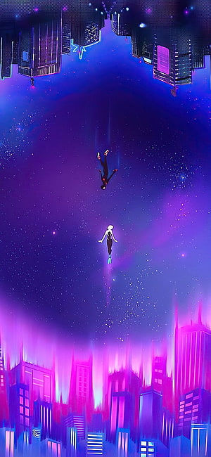 Spider Gwen and Miles Morales floating in a neon cyberpunk cityscape with purple and pink glowing skyscrapers HD phone wallpaper
