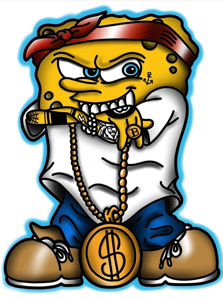 Gangsta SpongeBob SquarePants Cartoon Character with Gold Chain and Bandana HD phone wallpaper