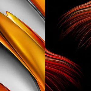 Poco F3 Abstract Dual Wallpaper with Golden and Red Flowing Ribbons HD phone wallpaper