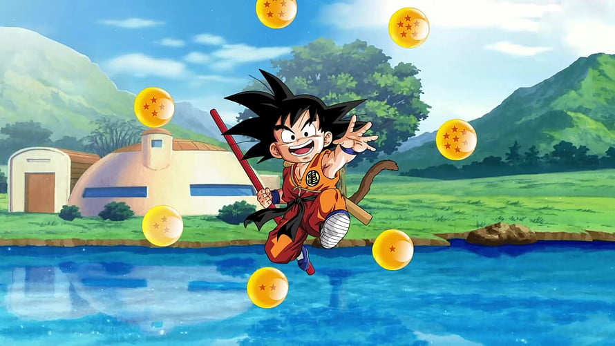Kid Goku Jumping Over a River Surrounded by Dragon Balls in a Lush Green Landscape HD wallpaper