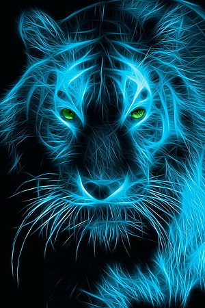 Glowing Blue Tiger Face with Neon Green Eyes on Black Background HD phone wallpaper