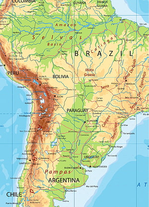 Physical Topographic Map of South America Showing Major Rivers and Cities HD phone wallpaper