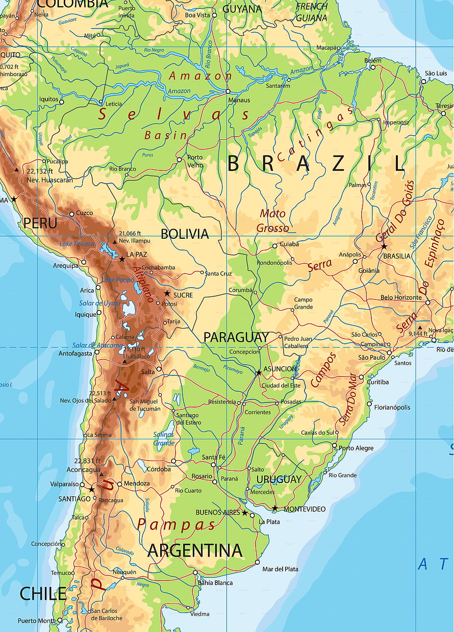 Physical Topographic Map of South America Showing Major Rivers and Cities HD phone wallpaper