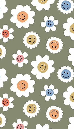 Cute Smiling Flower Pattern on Olive Green Background HD phone wallpaper