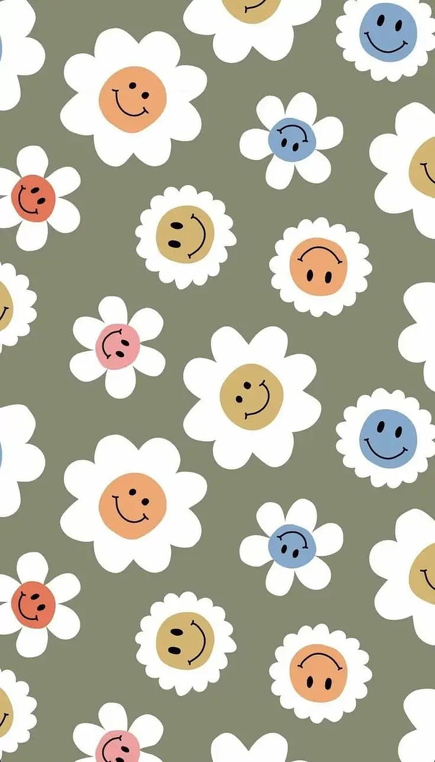 Cute Smiling Flower Pattern on Olive Green Background HD phone wallpaper