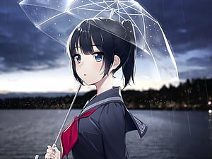 Anime Girl in School Uniform Holding Clear Umbrella in Rainy Lake Scene HD wallpaper