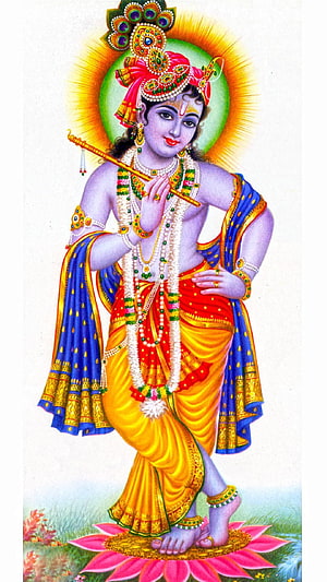 Lord Krishna Playing Flute on Lotus Throne with Peacock Crown and Divine Halo HD phone wallpaper