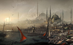 Ottoman Empire Cityscape with Mosques and Traditional Sailing Boats on the Water HD wallpaper