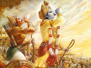 Krishna and Arjuna on a Chariot in the Mahabharata Epic HD wallpaper