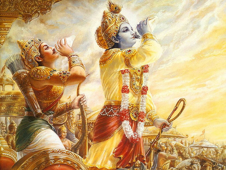 Krishna and Arjuna on a Chariot in the Mahabharata Epic HD wallpaper