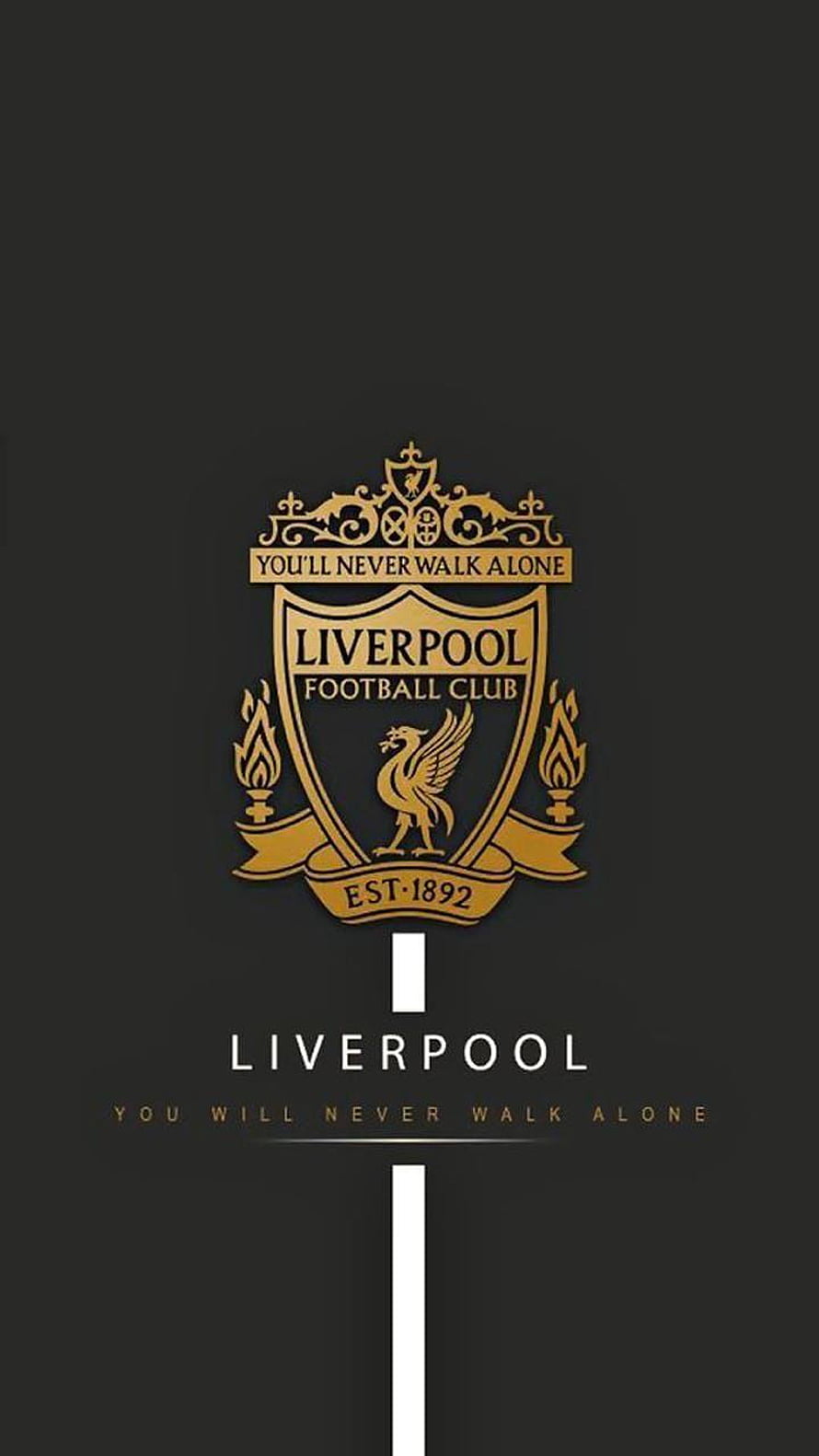 Liverpool FC Gold Crest Emblem with You Will Never Walk Alone Motto on Dark Background HD phone wallpaper