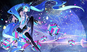 Hatsune Miku in a Futuristic Digital Landscape with Floating Cubes and Neon Lights HD wallpaper