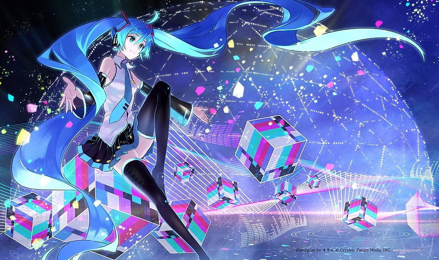 Hatsune Miku in a Futuristic Digital Landscape with Floating Cubes and Neon Lights HD wallpaper