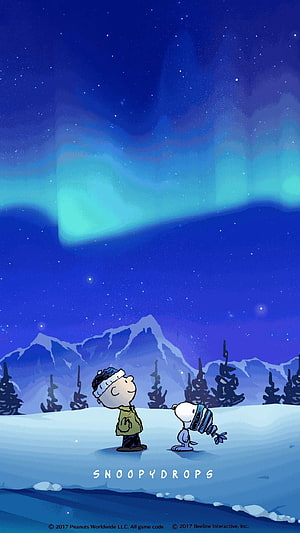 Charlie Brown and Snoopy Gazing at Aurora Borealis in Snowy Night Landscape HD phone wallpaper