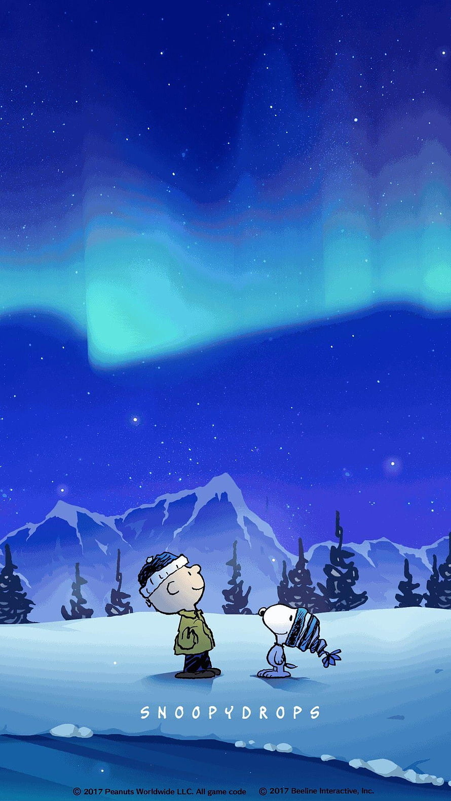 Charlie Brown and Snoopy Gazing at Aurora Borealis in Snowy Night Landscape HD phone wallpaper