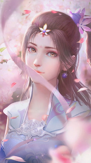Elegant Chinese Anime Woman in Traditional Attire Amidst Falling Cherry Blossoms HD phone wallpaper