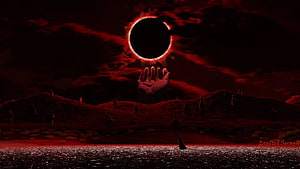 Berserk Eclipse Scene with Hand Holding Black Sun Over Dark Landscape HD wallpaper