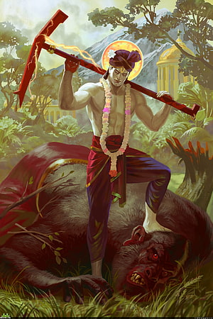 Lord Balarama Standing Over Defeated Demon in Mythological Forest Scene HD phone wallpaper