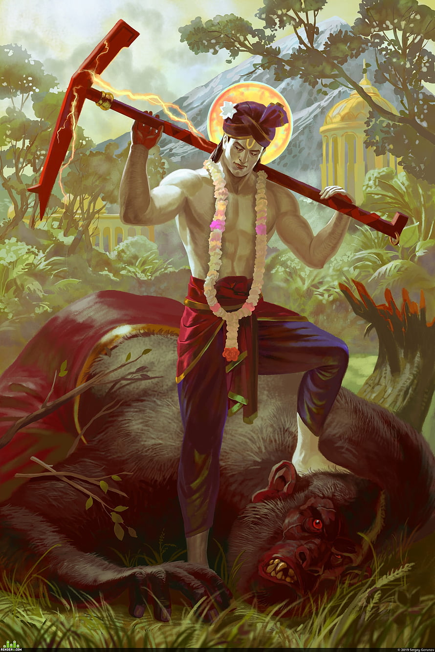 Lord Balarama Standing Over Defeated Demon in Mythological Forest Scene HD phone wallpaper